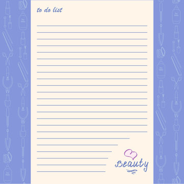 Design of organizer page. Hand drawn makeup and manicure items. The page of the planner for weekly schedule.