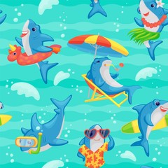 Fototapeta premium Cartoon shark seamless pattern - funny cute blue sea fish on tropical beach holiday