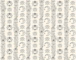Vector floral background with hand made pattern. Seamless pattern with sun and crescent.