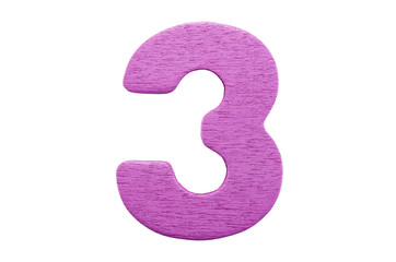 Purple wooden number three without shadow isolated on a white background.