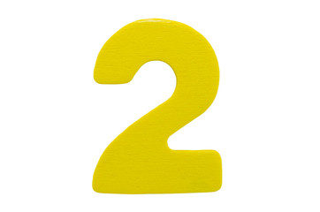 Yellow wooden number two without shadow isolated on a white background.