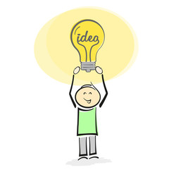 stickman holding glowing light light bulb with word IDEA above head vector illustration