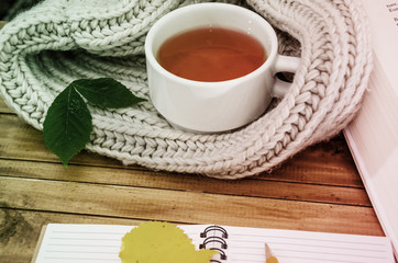 cup of tea on a warm scarf, part of a notebook and pen. Close-up.