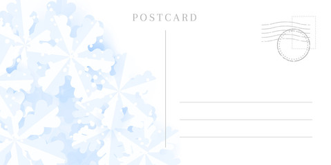 Winter travel postcard backside with border of snowflakes.