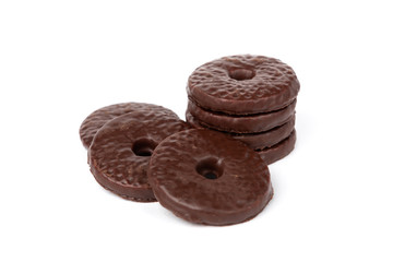Shortbread cookies in chocolate glaze isolated on white background.