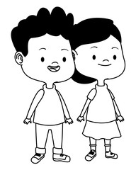 Cute happy kids having fun cartoons in black and white