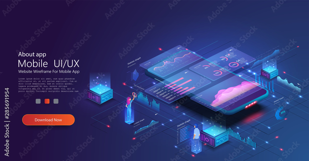 Aufkleber Online statistics and data Analytics. Digital money market, investment, finance and trading. Perfect for web design, banner and presentation. Data analysis and visualization isometric landing page.