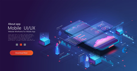 Online statistics and data Analytics. Digital money market, investment, finance and trading. Perfect for web design, banner and presentation. Data analysis and visualization isometric landing page.