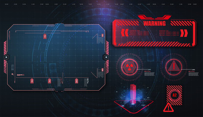 HUD, UI, GUI futuristic user interface screen elements set. High tech screen for video game. Sci-fi concept design. Callouts titles. Modern banners, frames of lower third. Red. Vector illustration - obrazy, fototapety, plakaty