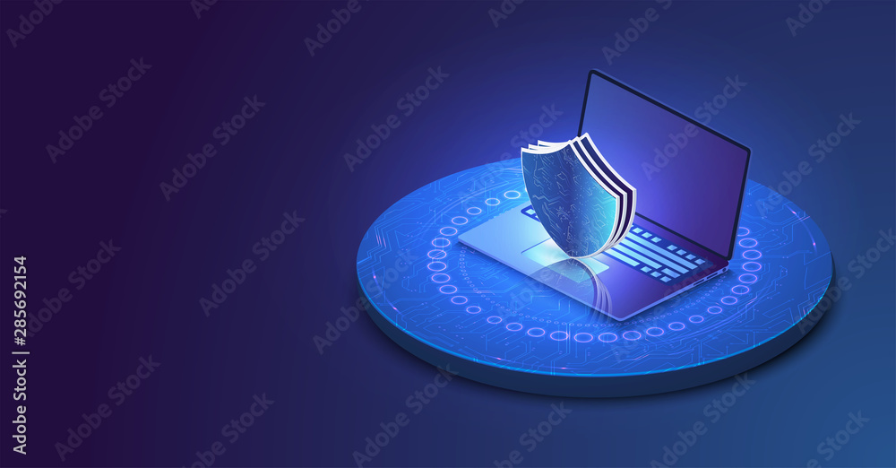 Poster laptop with protected guard shield security concept. security, privacy or other concept illustration