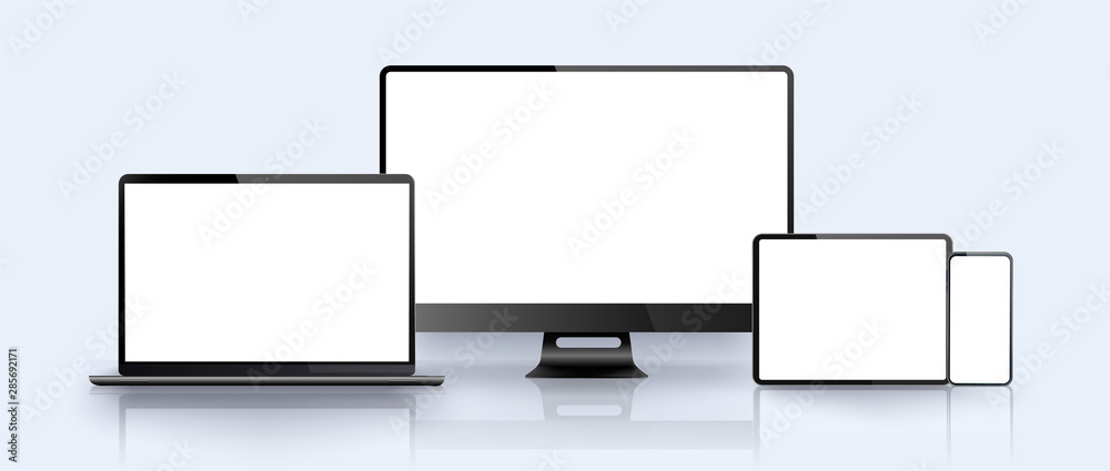 Poster realistic silver white laptop,smartphone, tablet with white screen and shadow. can use for project, 