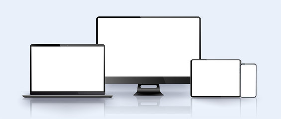 Realistic silver white laptop,smartphone, tablet with white screen and shadow. Can use for project, isolated device screen for graphics presentations. Blank device mock up. Vector illustration