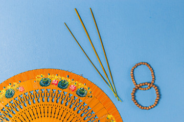 Mantra relaxed stuff for meditation. Authentic fixed fan bamboo bracelet, aroma sticks. 