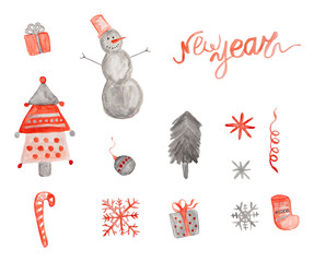 Happy new year set with snowman, tree, snow - hand drawn watercolor painting isolated on white background