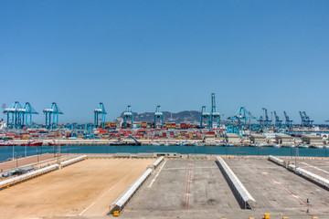 Algeciras, Cadiz, Spain - August 10, 2019: Panoramic view of the sea port of Algeciras, Spain, with the Rock of Gibraltar in the background