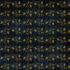 Golden pattern, ghost and branches, on a blue cosmic background