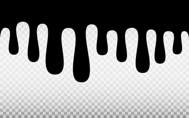 Paint dripping on transparent background. Cream template. Black liquid drops. Oil or chocolate silhouettes on white backdrop. Dripping honey. Vector illustration