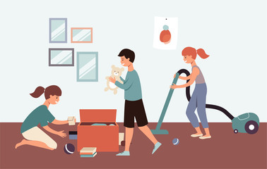 Fototapeta premium 䘀愀洀椀氀礀 挀氀攀愀渀椀渀最 琀栀攀椀爀 栀漀洀攀 琀漀最攀琀栀攀爀 ⴀ 挀愀爀琀漀漀渀 戀漀礀 愀渀搀 最椀爀氀 愀渀搀 洀漀琀栀攀爀 琀椀搀礀椀渀最 甀瀀