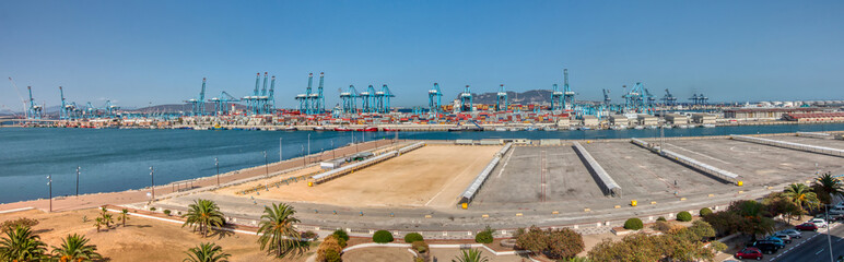 Fototapeta na wymiar Algeciras, Cadiz, Spain - August 10, 2019: Panoramic view of the sea port of Algeciras, Spain, with the Rock of Gibraltar in the background