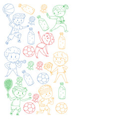 Children and sport. Vector illustration of activities. Football, soccer, running, dancing, martial arts. Health care in school and kindergarten.