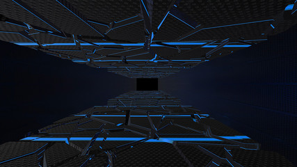 Hi tech tight tunnel with broken walls with blue lines. Sci fi, Hi tech concept, abstract creative futuristic floor, hall 3D rendering.  © Ser