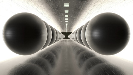 Naklejka premium Abstract creative modern art tunnel with iron spheres. Reflective ground and balls in black tunnel with white lights.