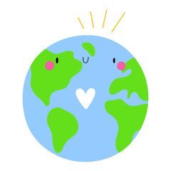  Cute Earth character with Heart. Vector cartoon drawing of Blue Planet. 