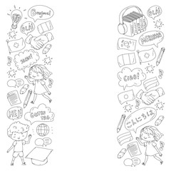 Vector pattern for language class, online courses. English, arabic, italian, japanese, spanish, chinese, german.