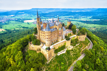 Aerial view of Hohenzollern Castle, Germany. It is famous landmark in Stuttgart vicinity. Landscape...