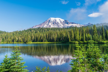 Landscape of South Face of Mount Rainier from Reflection Lake on Stevens Canyon Road in Mount Rainier National Park-2462-HDR