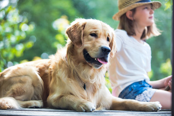 Young girl fishing while sitting with dog on pier