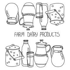 plain black and white abstract background with dairy products with bottles and a jug