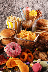 Unhealthy products. food bad for figure, skin, heart and teeth.