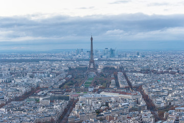 Paris, France- 11/24/2018: Beautiful view of Paris with the Eiffel Tower from Montparnass tower by evening