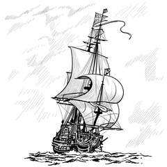 Sailing Ship vintage frigate on the waves. 