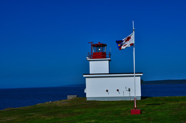 Lighthouse on Cliff Edge of Ocean with Canadian Flag Against Blue Sky Digby Peninsula Nova Scotia Canada