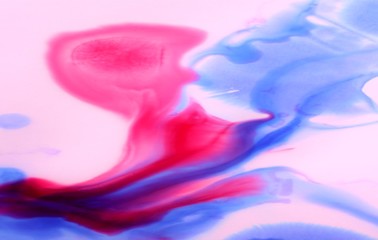 Watercolor blue-pink-white abstract background. Vague watercolor stains. Free flowing paint. Bright rich color, cool shades.