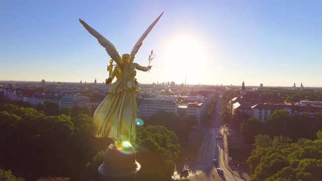 Aerial around the beautiful golden Angel Of Peace, Maximillian Park in the Munich Germany suburb of Bogenhausen.