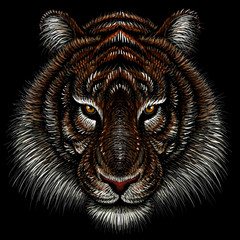 Le tigre du logo vectoriel pour la conception de tatouages ou de t-shirts ou de vêtements d& 39 extérieur. Tigres de style chasse imprimés sur fond noir. Ce dessin est pour du tissu noir ou de la toile.