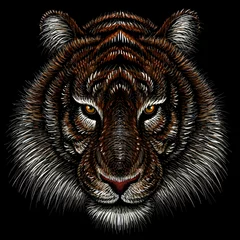 Papier Peint photo Tigre Le tigre du logo vectoriel pour la conception de tatouages ou de t-shirts ou de vêtements d& 39 extérieur. Tigres de style chasse imprimés sur fond noir. Ce dessin est pour du tissu noir ou de la toile.