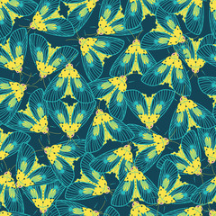 Vector blue and yellow moths with detailed wings outlines repeat pattern. Suitable for gift wrap, textile or wallpaper.