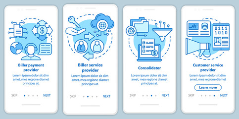 Billing services onboarding mobile app page screen with linear concepts. Biller payment, advice provider. Four walkthrough steps graphic instructions. UX, UI, GUI vector template with illustrations