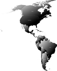 Map of American continent split into individual countries. Displaying full name of each country. Gradual coloring from white to black creating a 3D effect.