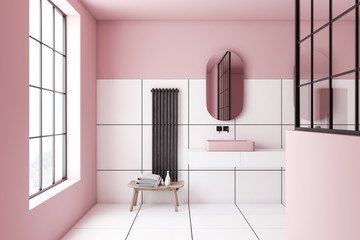 Pink and white tile bathroom interior, sink