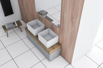 Top view of double sink in wooden bathroom