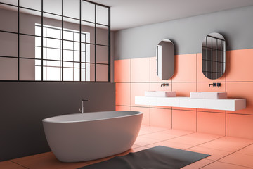 Orange and gray bathroom corner, tub and sink