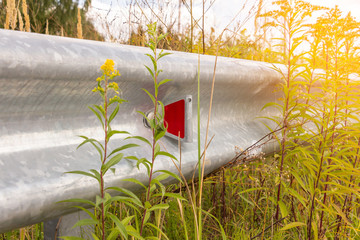 Abandoned highway, highway guard rails, overgrown with grass. Close-up with selective focus 