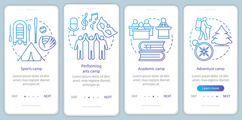 Interest, hobby camps onboarding mobile app page screen vector template. Talent club, community. Walkthrough website steps with linear illustrations. UX, UI, GUI smartphone interface concept