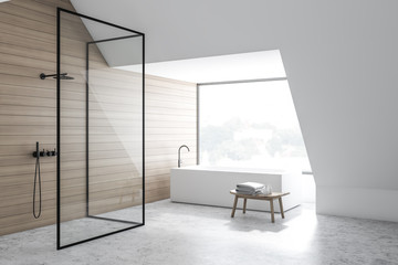 Wooden bathroom corner, tub and shower