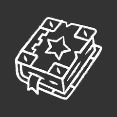 Spell book chalk icon. Black magic old spellbook. Witchcraft & sorcery ancient item. Magic potion recipes. Antique grimoire. Fairytale fantasy and mystery book. Isolated vector chalkboard illustration